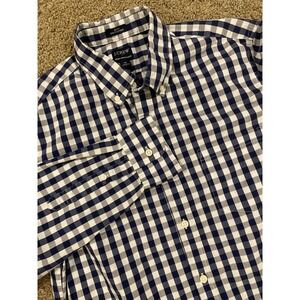 J Crew Factory Shirt Mens Med Blue Gingham Check Performance Slim Untucked BE151